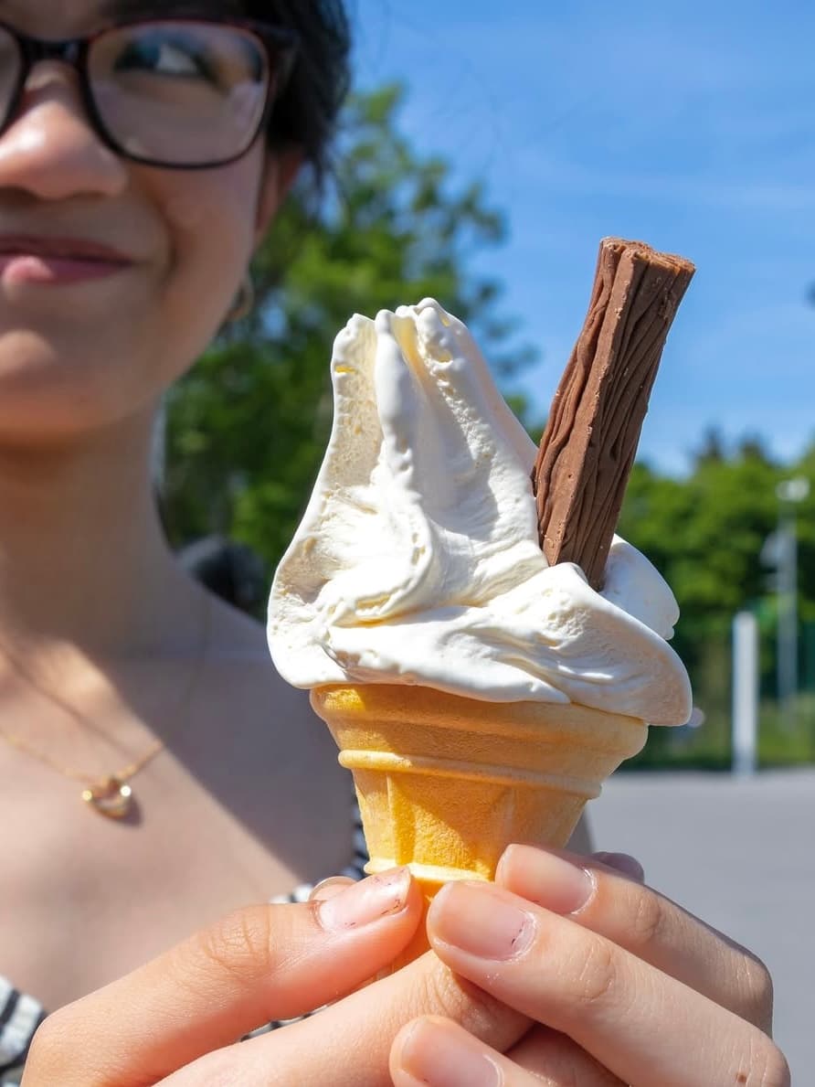 A person holding a soft serve cone with a chocolate flake