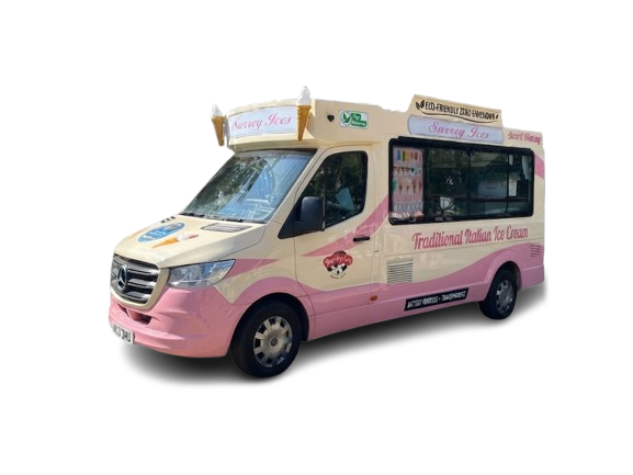 A cream and pink Hampshire Ices ice cream van